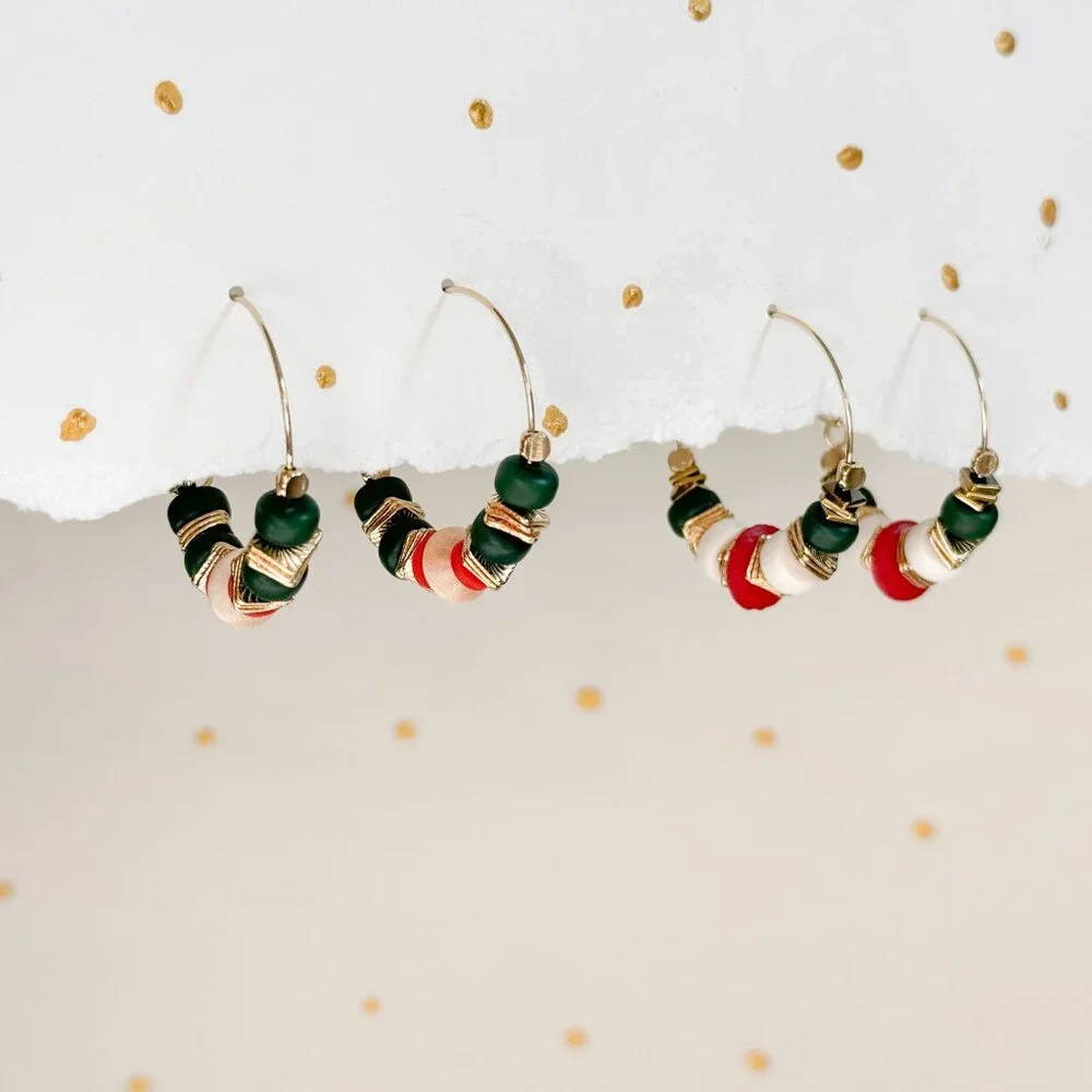 Boho Hoop Earrings Green Stone Beaded Gold Hoops Coral Ivory | Artisan Style - Picture 4 of 10